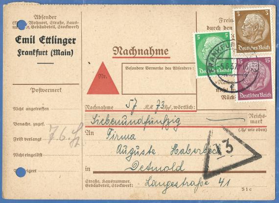 Cash on delivery card from Emil Ettlinger, Frankfurt a. M., - mailed June 5, 1937