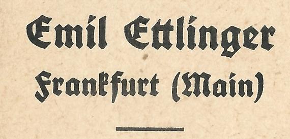 Nachnahmekarte von Emil Ettlinger, Frankfurt a. M., - versandt am 5. Juni 1937  -  Ausschnittvergrößerung Firmenname