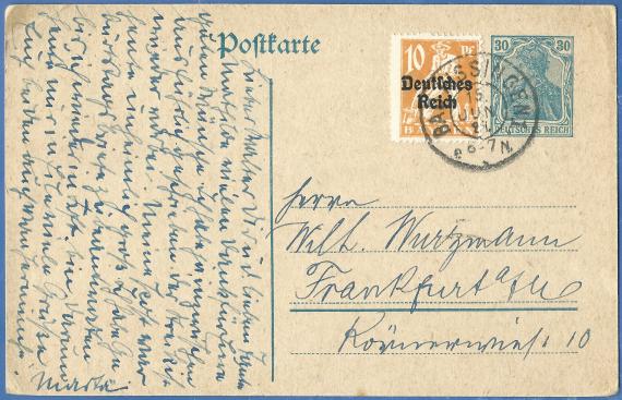 Postkarte - Wilhelm Wurzmann Postkarte privater Art an Herrn Wilhelm Wurzmann in Frankfurt a. M., Körnerwiese 10, - versandt am 15. Juni 1921 - 3 Tage nach Schawuot 5681