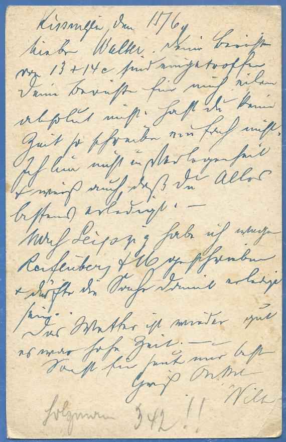 Postkarte - Wilhelm Wurzmann Postkarte privater Art an Herrn Wilhelm Wurzmann in Frankfurt a. M., Körnerwiese 10, - versandt am 15. Juni 1921 - 3 Tage nach Schawuot 5681 - Kartenrückseite