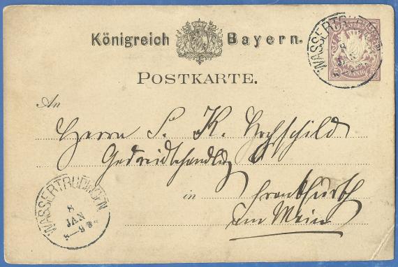 Postkarte geschäftlicher Art an Herrn S. K. Hochschild, Getreidehandlung,  in Frankfurt a. M., - versandt am 8. Januar 1879