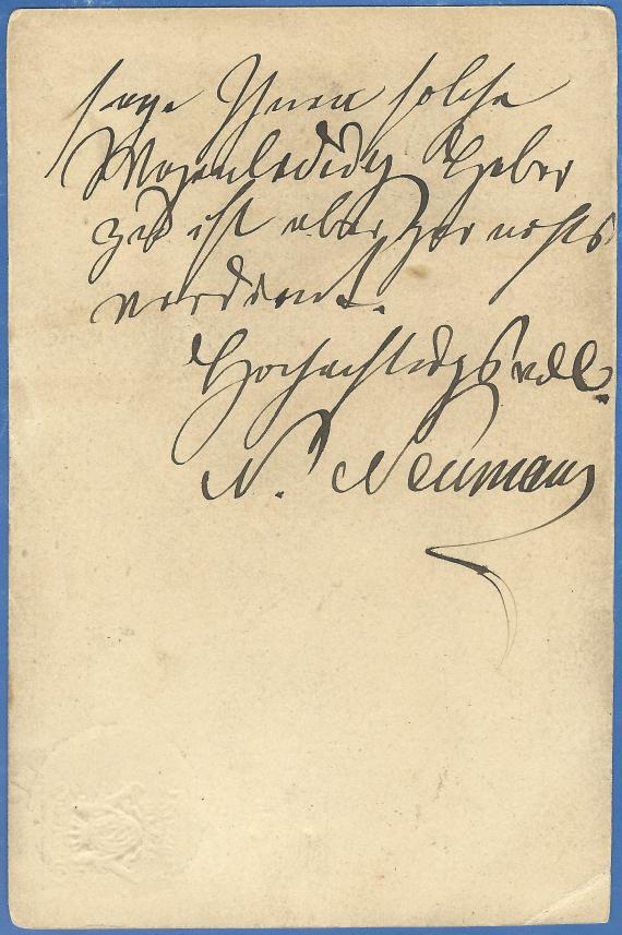 Postkarte geschäftlicher Art an Herrn S. K. Hochschild, Getreidehandlung,  in Frankfurt a. M., - versandt am 8. Januar 1879  -  Kartenrückseite