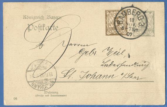 Postkarte geschäftlicher Art an die " Lederhandlung Gebr. Weil " in St. Johann a. Saar, - versandt am 18. November 1907