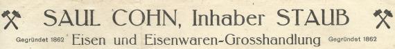 Business letter of " Eisen und Eisenwaren-Großhandlung Saul Cohn, Inhaber Staub " in Ratibor, Oderstraße 13, - sent on January 28, 1927 - detail enlargement company name