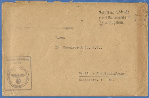 Envelope addressed to the company Dr. Cassirer & Co. A. G. in Berlin . Charlottenburg, Keplerstraße 1 - 10, - mailed on March 24, 1938.