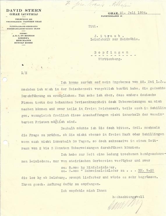 Business letter from David Stern in Graz, Fabriksgasse 15, - sent on July 21, 1934.