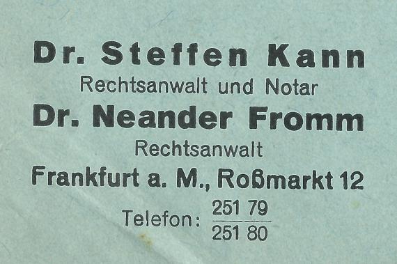 Envelope from "Attorney at Law and Notary Dr. Steffen Kann" and "Attorney at Law Dr. Neander Fromm" in Frankfurt a. M. - mailed on March 16, 1933 - detail enlargement - business address