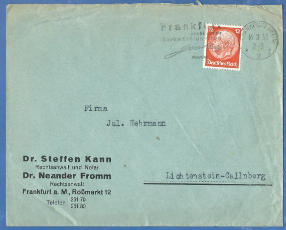 Envelope from "Lawyer and Notary Dr. Steffen Kann" and "Lawyer Dr. Neander Fromm" in Frankfurt a. M. - mailed on March 16, 1933