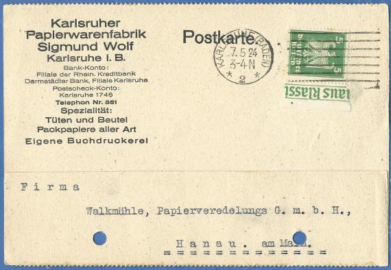 Geschäftspostkarte der Karlsruher Papierfabrik Sigmund Wolf, - versandt am 7. Mai 1924  