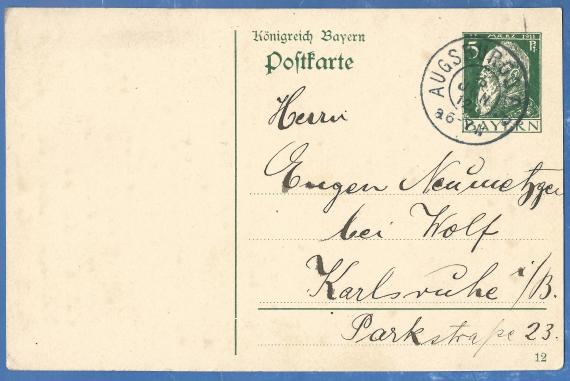 Postkarte privater Art an Herrn Eugen Neumetzger bei Wolf in Karlsruhe, Parkstraße 23, - versandt von Augsburg am 15. Juni 1912