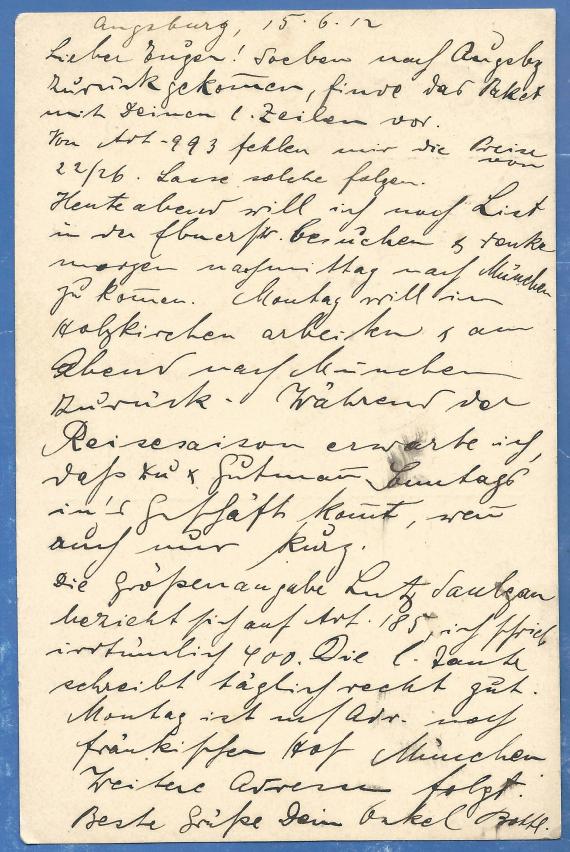 Private postcard to Mr. Eugen Neumetzger at Wolf in Karlsruhe, Parkstraße 23, - sent from Augsburg on June 15, 1912 - back of card