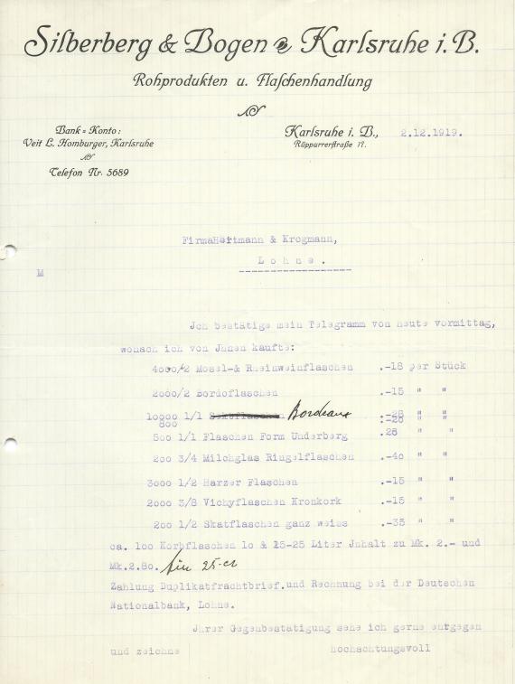 Business letter from the "Rohprodukten- und Flaschenhandlung Silberberg & Bogen" in Karlsruhe, Rüppurrerstraße 17 - sent on December 2, 1919