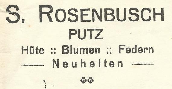 Rechnung der "S. Rosenbusch = Putz - Hüte - Blumen - Federn" in Karlsruhe, Kaiserstraße 137, - datiert 27. Mai 1922  -  Ausschnittvergrößerung Firmenname