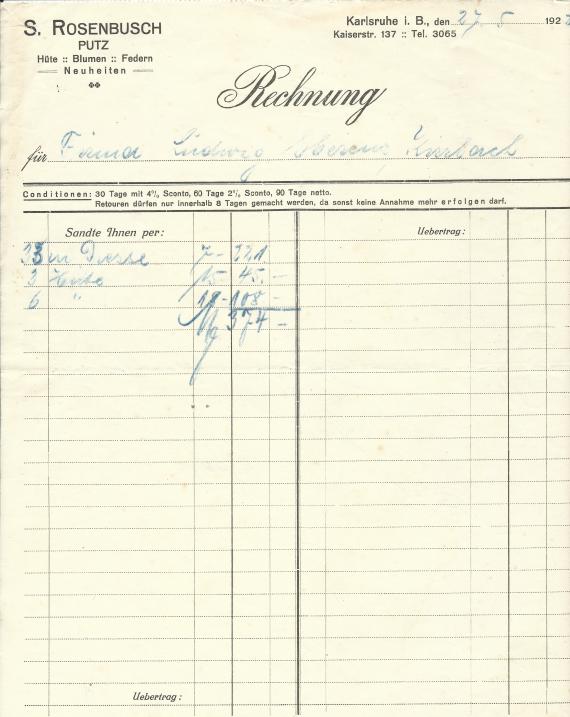 Rechnung der "S. Rosenbusch = Putz - Hüte - Blumen - Federn" in Karlsruhe, Kaiserstraße 137 - datiert 27. Mai 1922  