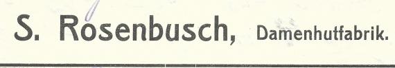 Rechnung der "Damenhutfabrik S. Rosenbusch" in Karlsruhe, Kaiserstraße 137, - datiert 24. Oktober 1913  -  Ausschnittvergrößerung Firmenname