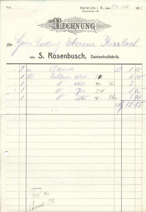 Rechnung der "Damenhutfabrik S. Rosenbusch" in Karlsruhe, Kaiserstraße 137, - datiert 24. Oktober 1913  