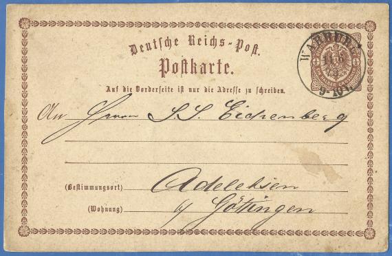 Postcard of a business nature to Mr. S. S. Eichenberg in Adelebsen - sent on June 11, 1873