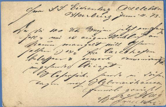 Postcard of a business nature to Mr. S. S. Eichenberg in Adelebsen - sent on June 11, 1873 - back of card