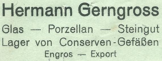 Invoice from "Hermann Gerngross, Glas,Porzellan,Steingut - Lager von Conserven-Gefäßen, Engros - Export" in Mannheim - September 1, 1919 - detail enlargement company name