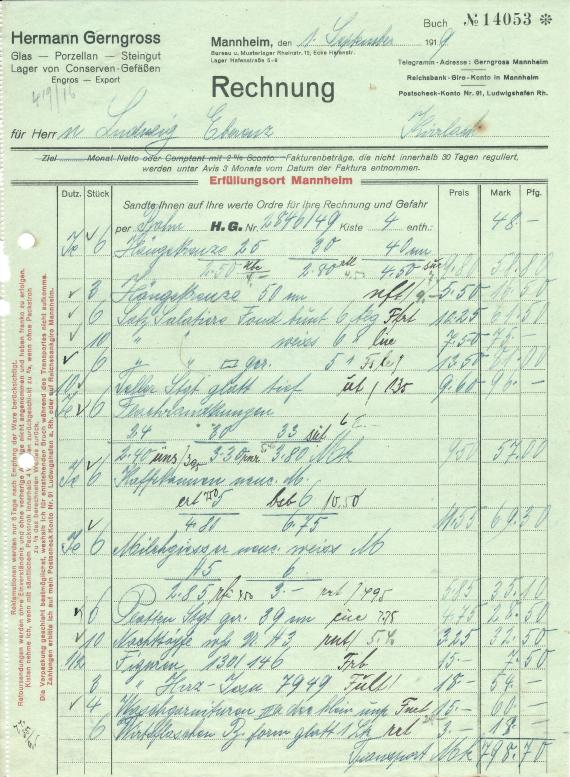 Invoice from "Hermann Gerngross, Glas, Porzellan, Steingut - Lager von Conserven-Gefäßen, Engros - Export" in Mannheim - dated September 1, 1919