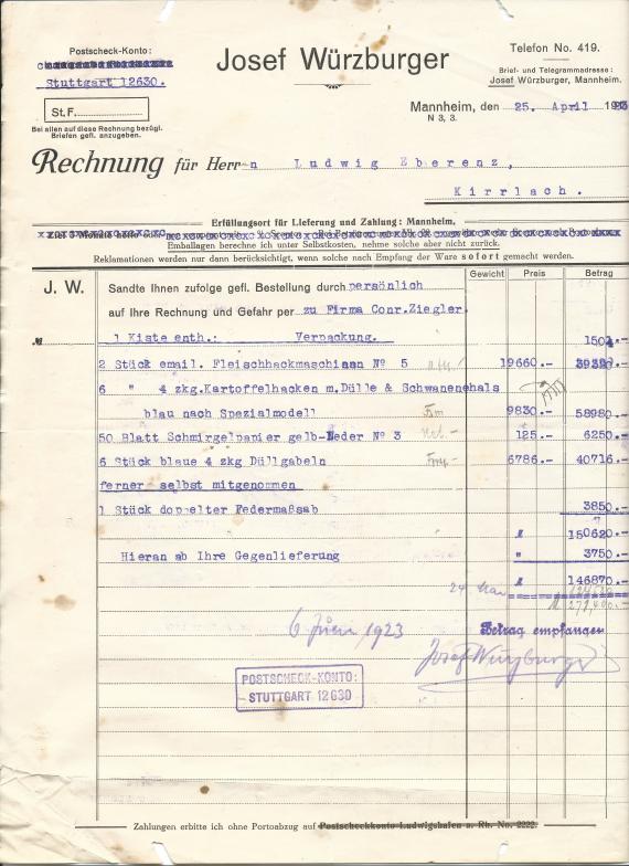 Rechnung von Josef Würzburger in Mannheim, - versandt am 25. April 1923 