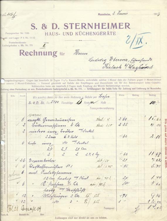 Invoice from " S. & D. Sternheimer, Haus- und Küchengeräte " in Mannheim, - written on June 2, 1913