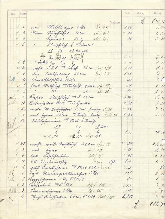 Invoice from " S. & D. Sternheimer, Haus- und Küchengeräte " in Mannheim, - written on June 2, 1913 - back of invoice