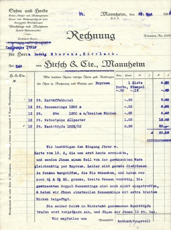 Rechnung der Fa. Hirsch & Cie. in Mannheim, - geschrieben am 28. Mai 1919 