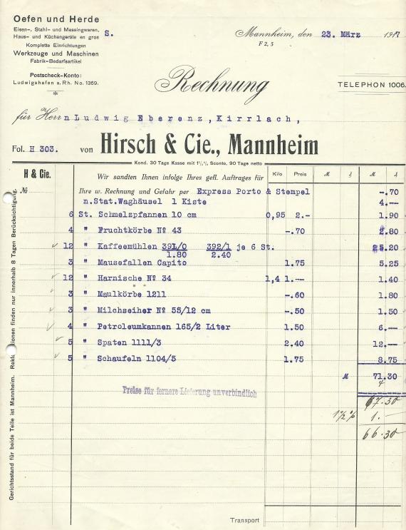 Rechnung der Fa. Hirsch & Cie. in Mannheim, - geschrieben am 23. Mai 1917 