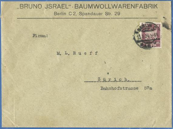 Geschäfts-Briefumschlag der Baumwollwarenfabrik " Bruno Israel " in Berlin, Spandauer Straße 29, - versandt am 13. August 1924 