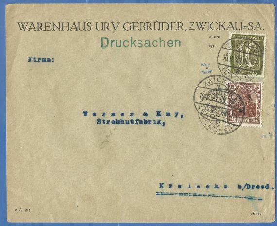 Geschäfts-Briefumschlag vom " Warenhaus Ury Gebrüder " in Zwickau, - versandt am 10. Dezember 1921 