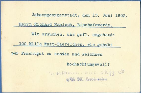 Postkarte geschäftlicher Art  der Handschuhfabrik " Wertheimer Glove Mfg. Co." - versandt am 13. Juni 1902  -  Kartenrückseite