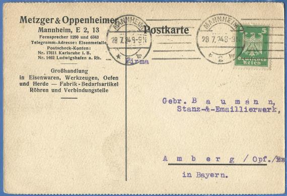 Geschäftspostkarte " Metzger & Oppenheimer " - Großhandlung für Eisenwaren,Werkzeuge,Oefen- und Herde - Fabrik-Bedarfsartikel, Röhren und Verbindungsteile, - versandt am 28. Juli 1924  -  Kartenrückseite