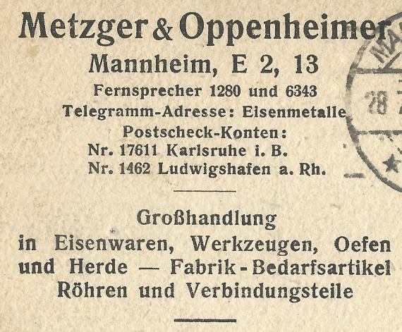 Geschäftspostkarte " Metzger & Oppenheimer " - Großhandlung für Eisenwaren,Werkzeuge,Oefen- und Herde - Fabrik-Bedarfsartikel, Röhren und Verbindungsteile, - versandt am 28. Juli 1924  -  Ausschnittvergrößerung Firmenname und Warensortiment