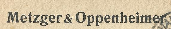 Geschäftspostkarte " Metzger & Oppenheimer " - Großhandlung für Eisenwaren,Werkzeuge,Oefen- und Herde - Fabrik-Bedarfsartikel, Röhren und Verbindungsteile, - versandt am 28. Juli 1924  -  Ausschnittvergrößerung Firmenname