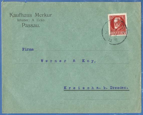 Business envelope " Kaufhaus Merkur - Inhaber A. Ucko " in Passau, - mailed on May 3, 1915