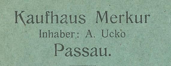 Geschäftsbriefumschlag " Kaufhaus Merkur - Inhaber A. Ucko " in Passau, - versandt am 3. Mai 1915  -  Auschnittvergrößerung Firmenname