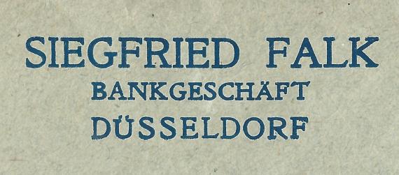 Envelope from " Bankgeschäft Siegfried Falk " in Düsseldorf, - mailed on May 4, 1927 - detail enlargement company name