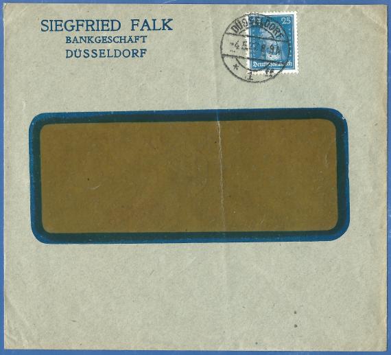 Envelope from " Bankgeschäft Siegfried Falk " in Düsseldorf, - mailed on May 4, 1927