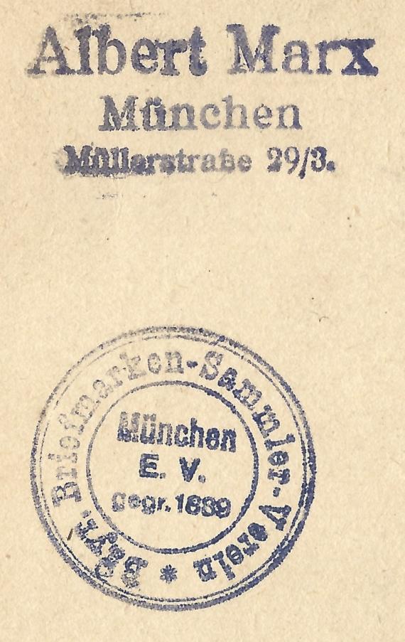 Postkarte von Albert Marx, München,Müllerstraße 29/3 - versandt am 5. Juni 1919  - Ausschnittvergrößerung Adresse und Vereinsstempel " Bayr. Briefmarken-Sammler-Verein München e. V. "