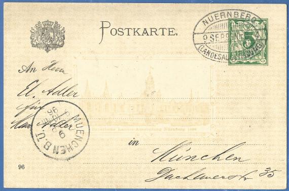 Postkarte privater Art an Herrn El. Adler für Max Adler in München, Dachauerstraße 35, - versandt am 9. September 1896