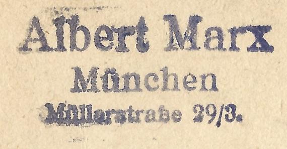 Postkarte - Albert Marx Postcard from Albert Marx, Munich,Müllerstraße 29/3 - mailed June 5, 1919 - clipping address