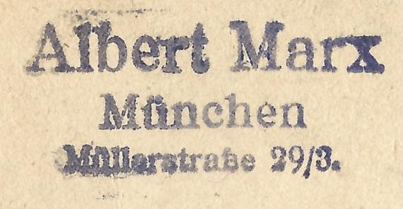 Postkarte von Albert Marx, München,Müllerstraße 29/3 - versandt am 5. Juni 1919  - Ausschnittvergrößerung Adresse