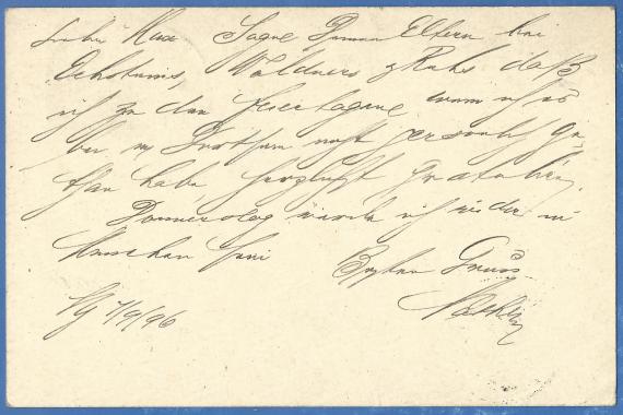 Postkarte - Max Adler Postkarte privater Art an Herrn El. Adler für Max Adler in München, Dachauerstraße 35, - versandt am 9. September 1896 - Kartenrückseite
