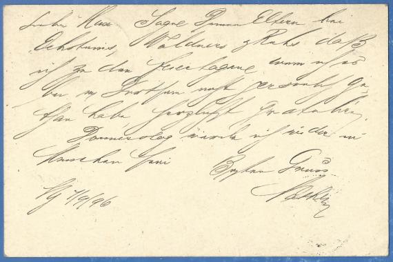 Postcard of private nature to Mr. El. Adler for Max Adler in Munich, Dachauerstraße 35, - sent on September 9, 1896 - back of card