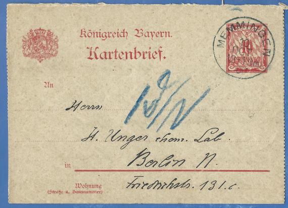 Card letter of business nature to " H. Unger, chem. Lab."  in Berlin, Friedrichstraße 13 / C., - mailed on October 10, 1900