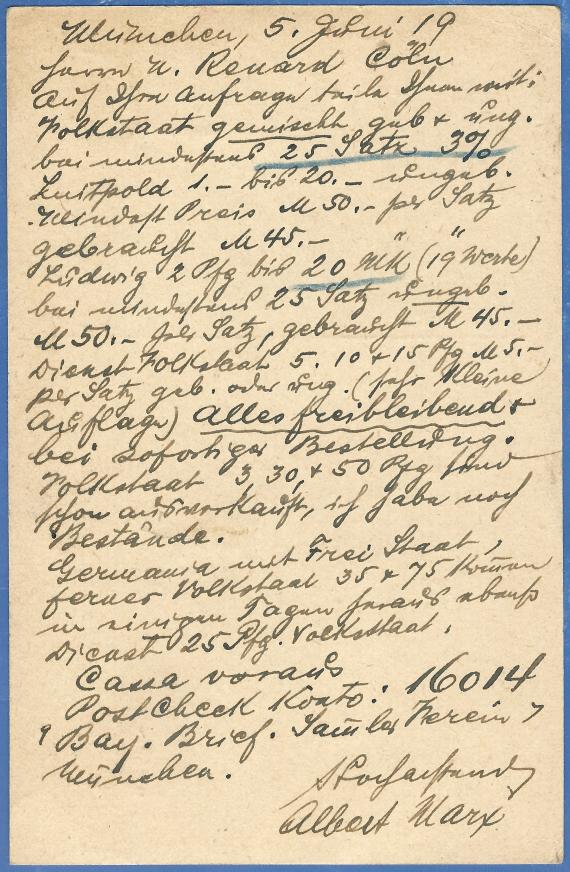 Postcard from Albert Marx, Munich,Müllerstraße 29/3 - mailed June 5, 1919 - back of card