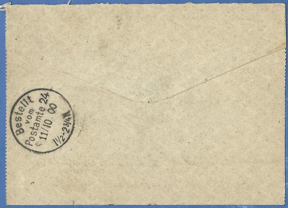 Card letter of business nature to " H. Unger, chem. Lab."  in Berlin, Friedrichstraße 13 / C., - mailed on October 10, 1900 - back of letter with post office delivery stamp Berlin dated October 11, 1900