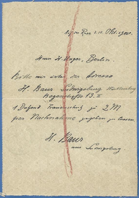 Kartenbrief geschäftlicher Art an " H. Unger, chem. Lab."  in Berlin, Friedrichstraße 13 / C., - versandt am 10. Oktober 1900 - Kartenbrief-Innenseite mit geschäftlichem Text