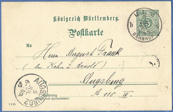 Postcard to Mr. August Frank at " Kahn & Arnold " in Augsburg, - mailed July 5, 1895